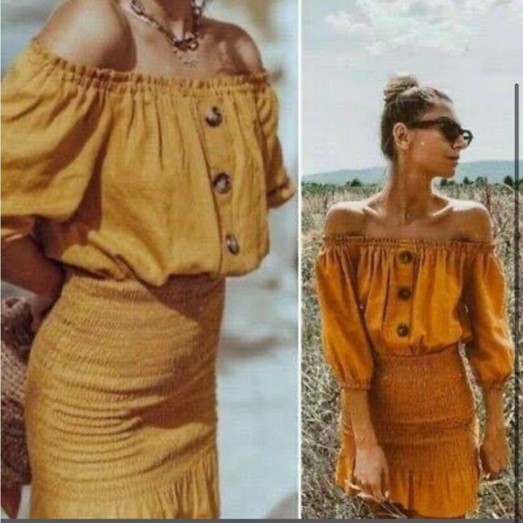 Zara smocked mustard off the shoulder dress NEW - Picture 4 of 12